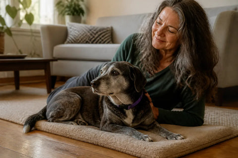 Senior dog and owner at home illustrating sentry calming collar for dogs