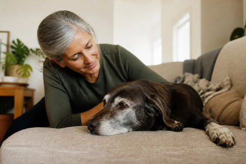 Senior dog and owner at home illustrating anxiety meds for dogs