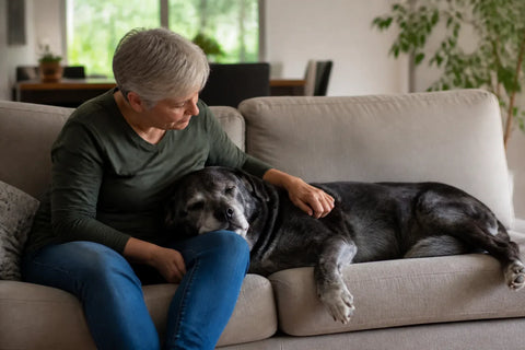 Senior dog and owner at home illustrating do calming treats work for dogs