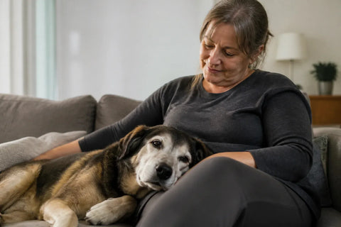 Senior dog and owner at home illustrating Dementia Drug for Dogs: A Practical Comparison