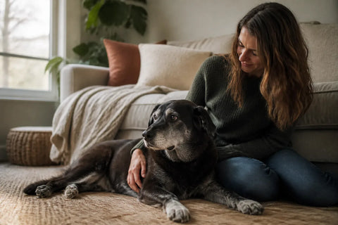Senior dog and owner at home illustrating calming supplements for dogs