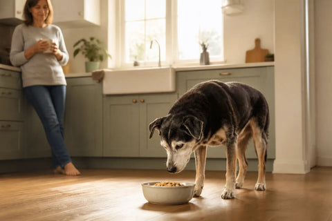 Senior dog and owner at home illustrating dog dementia diet
