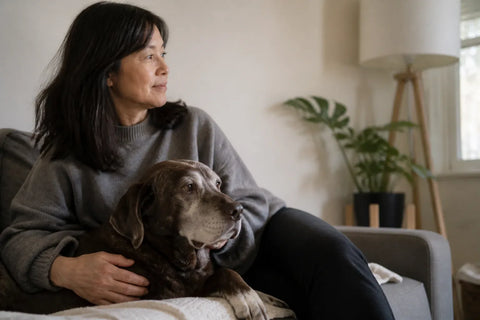 Senior dog and owner at home illustrating dog dementia treatment