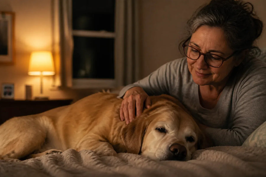 Senior dog and owner at home illustrating how to calm a dog with dementia at night
