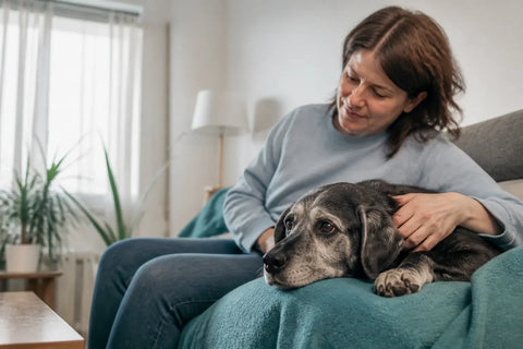 Senior dog and owner at home illustrating Can Dogs Get Anxiety After Pneumonia
