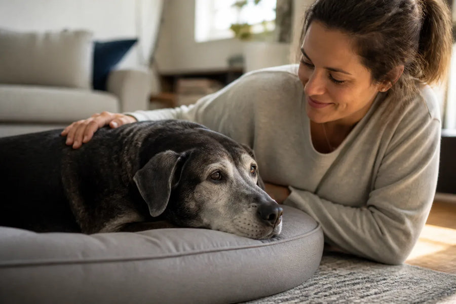 Senior dog and owner at home illustrating hemp calming chews for dogs