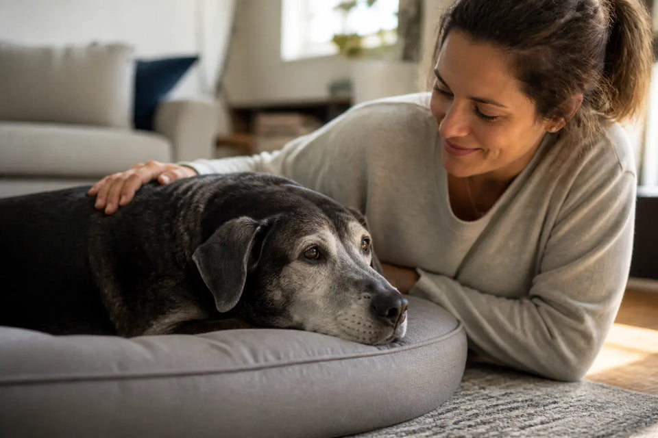 Senior dog and owner at home illustrating hemp calming chews for dogs