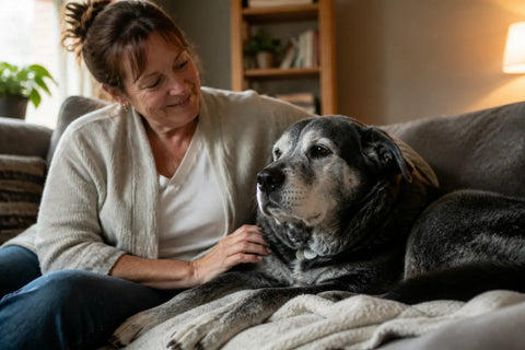 Senior dog and owner at home illustrating calming spray for dogs