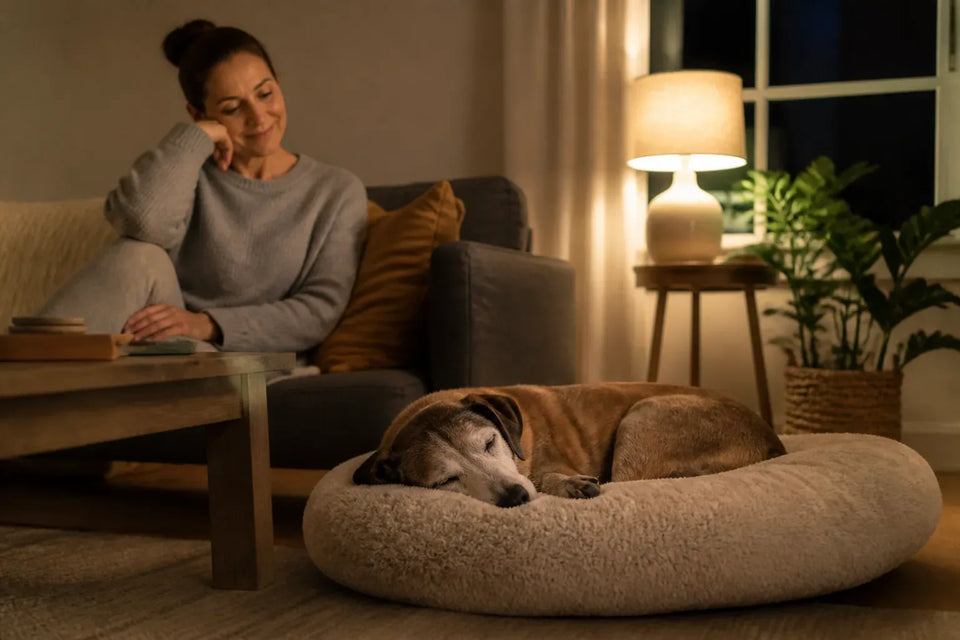 Senior dog and owner at home illustrating calming bed for dogs