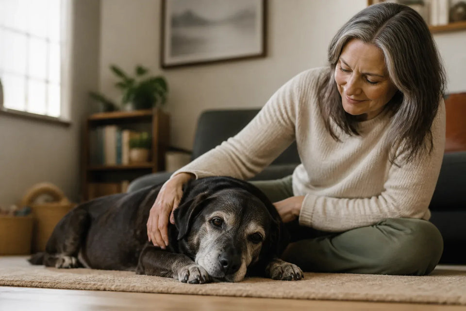 Senior dog and owner at home illustrating Calming Techniques for Dogs: A Practical Comparison