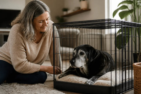 Senior dog and owner at home illustrating dog anxiety in crate