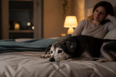 Senior dog and owner at home illustrating Why Is My Dog Restless at Night