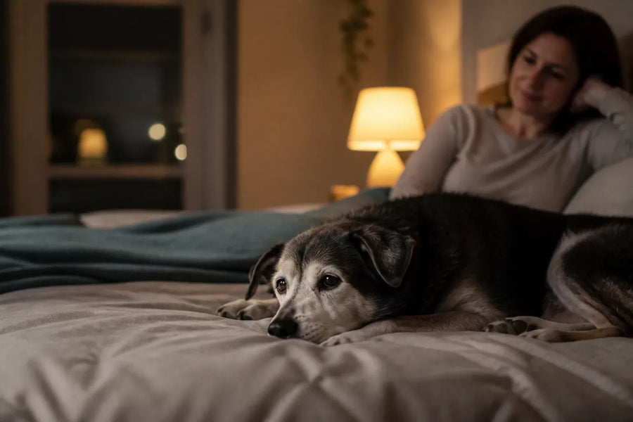 Senior dog and owner at home illustrating Why Is My Dog Restless at Night