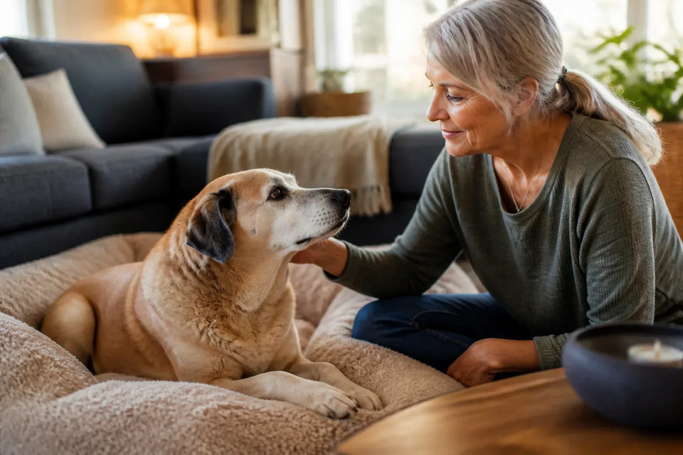 Senior dog and owner at home illustrating Calming Treats for Dogs: A Practical Comparison