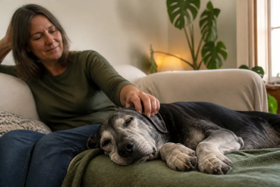 Senior dog and owner at home illustrating Calming Music for Dogs: A Practical Comparison