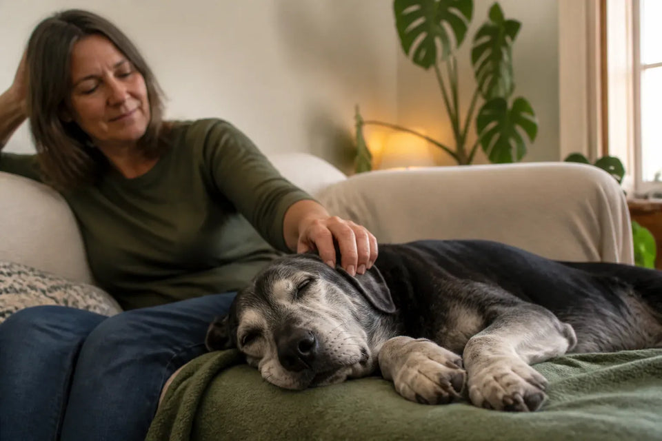 Senior dog and owner at home illustrating Calming Music for Dogs: A Practical Comparison