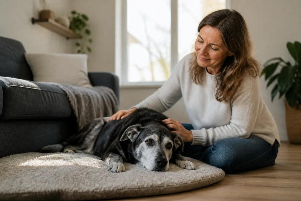 Senior dog and owner at home illustrating Calming Techniques for Dogs: A Practical Comparison