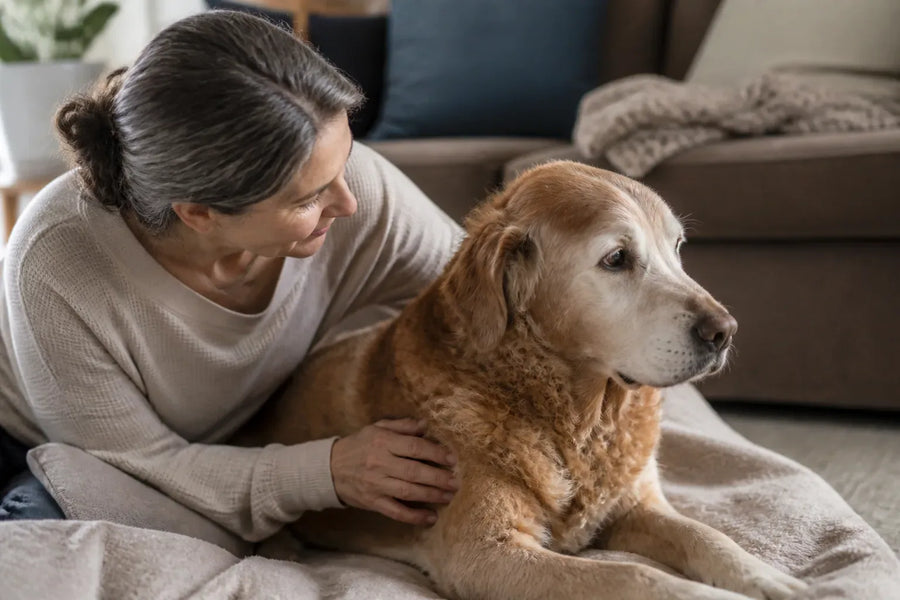 Senior dog and owner at home illustrating dog dementia stages