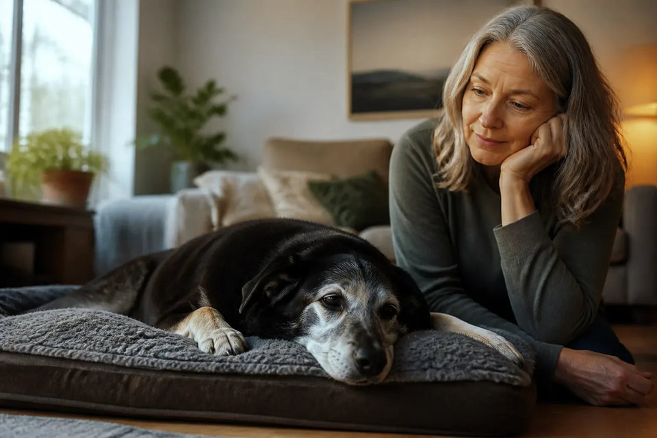 Senior dog and owner at home illustrating dog dementia symptoms