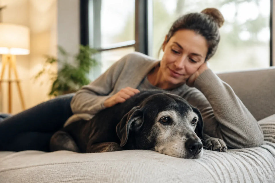 Senior dog and owner at home illustrating what causes anxiety in dogs