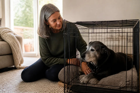 Senior dog and owner at home illustrating High Anxiety Dog Crate: A Practical Comparison