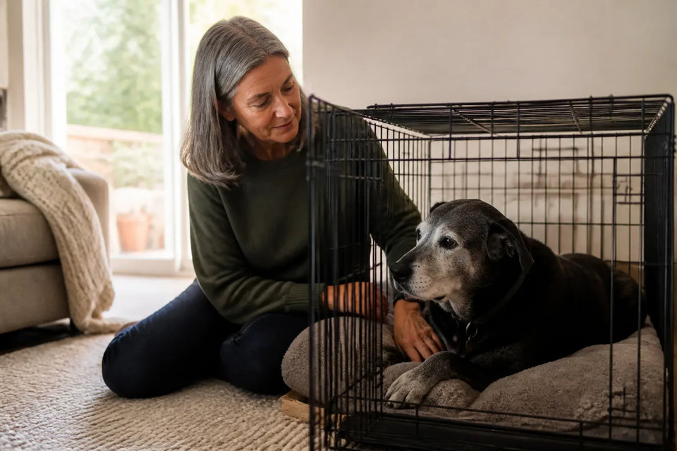 Senior dog and owner at home illustrating High Anxiety Dog Crate: A Practical Comparison
