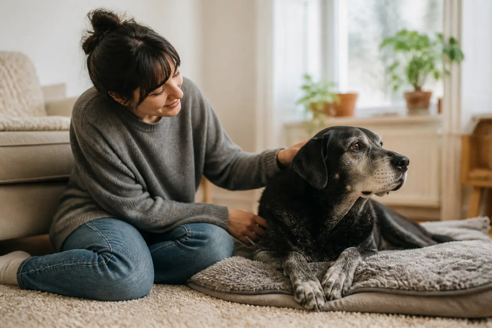 Senior dog and owner at home illustrating How to Prevent Separation Anxiety in Dogs