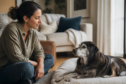 Senior dog and owner at home illustrating pupgrade calming chews for dogs