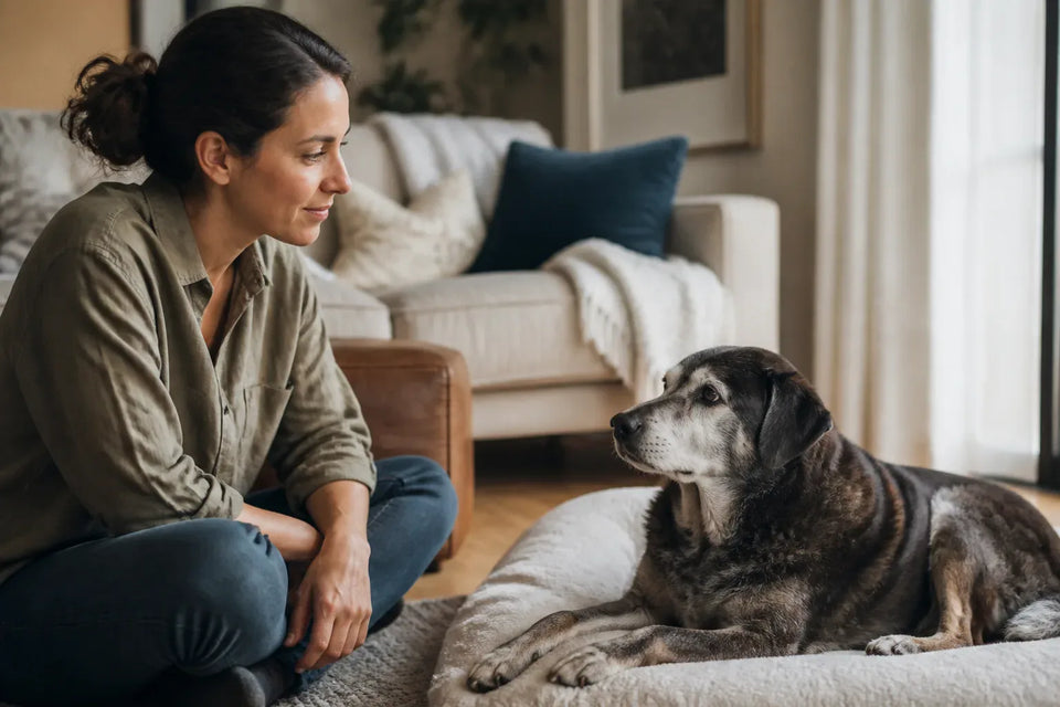 Senior dog and owner at home illustrating pupgrade calming chews for dogs