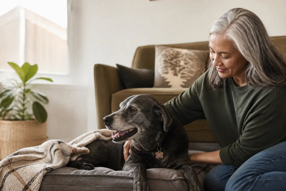 Senior dog and owner at home illustrating Herbsmith Senior Dog Wisdom Dog Dementia Supplement