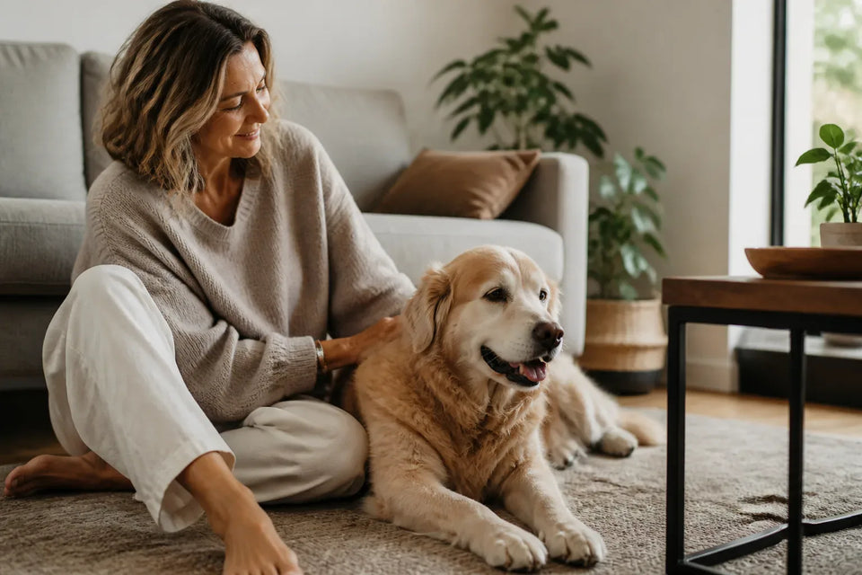 Senior dog and owner at home illustrating Best Calming Treats for Dogs Vet-recommended