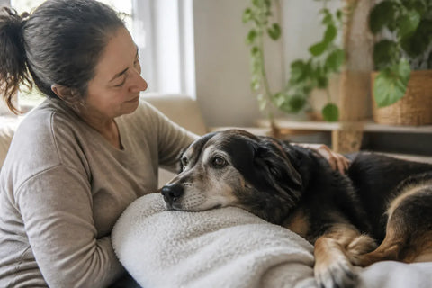 Senior dog and owner at home illustrating Do Dogs Have Anxiety Attacks