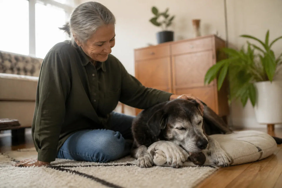 Senior dog and owner at home illustrating calming peanut butter for dogs