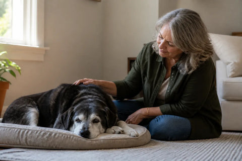 Senior dog and owner at home illustrating dog kennel anxiety
