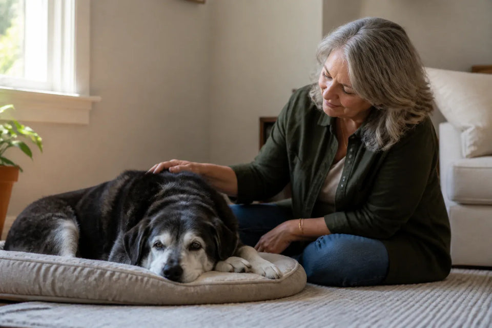 Senior dog and owner at home illustrating dog kennel anxiety