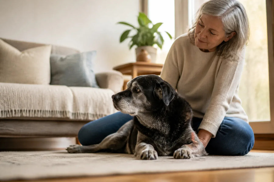 Senior dog and owner at home illustrating what causes dementia in dogs