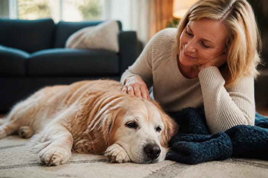 Senior dog and owner at home illustrating cvs naturvet calming quiet moments soft chews for dogs
