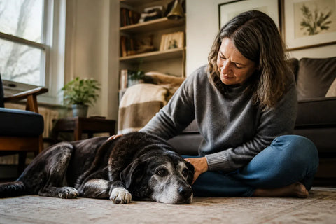Senior dog and owner at home illustrating How to Help Dog with Anxiety