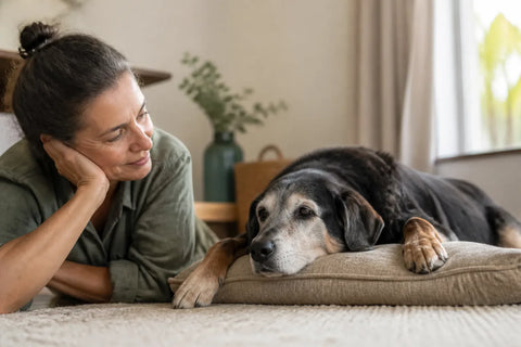 Senior dog and owner at home illustrating Do Dogs Get Dementia or Alzheimer's