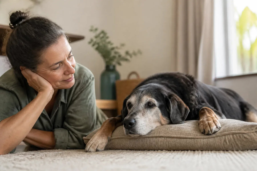 Senior dog and owner at home illustrating Do Dogs Get Dementia or Alzheimer's