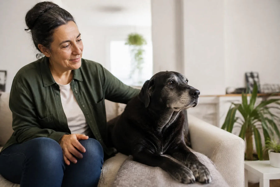 Senior dog and owner at home illustrating Calming Tablets for Dogs: A Practical Comparison
