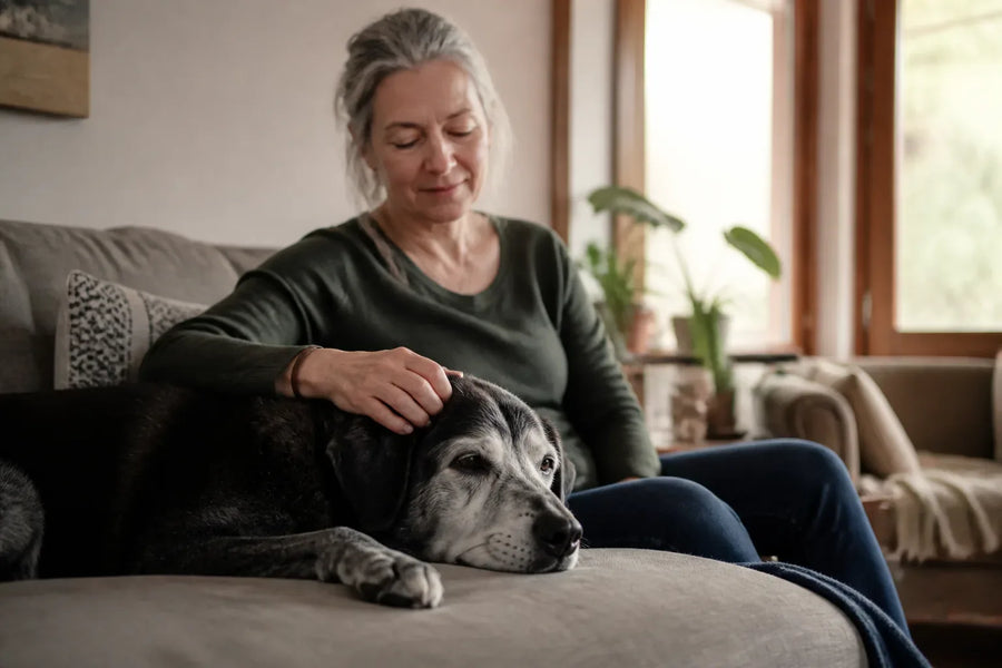 Senior dog and owner at home illustrating How to Prevent Separation Anxiety in Dogs