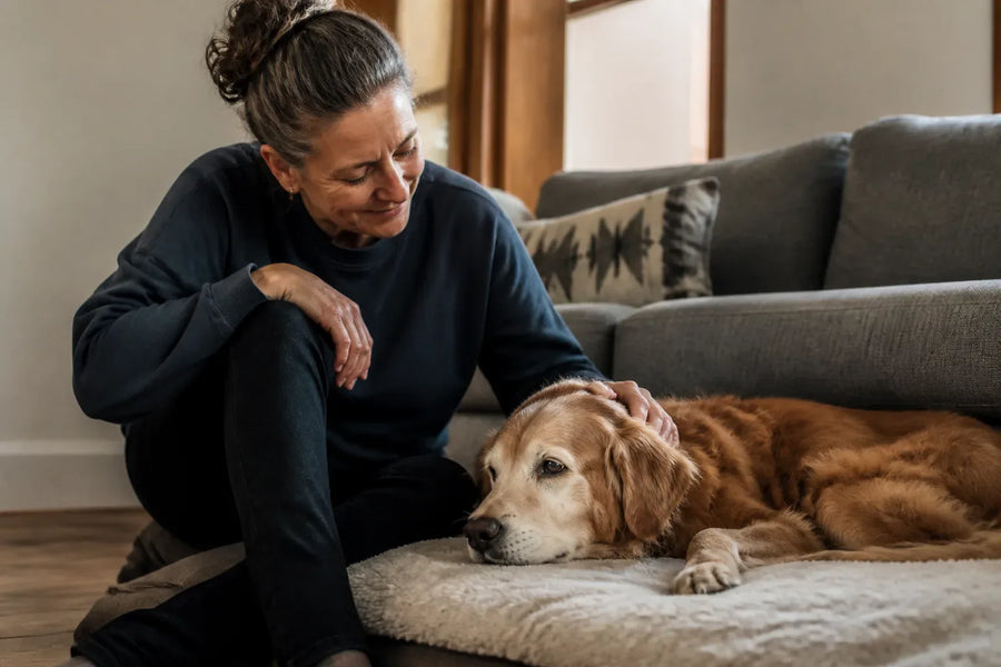 Senior dog and owner at home illustrating Does Gabapentin Cause Dementia in Dogs