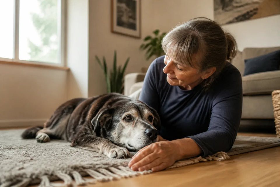 Senior dog and owner at home illustrating dog dementia