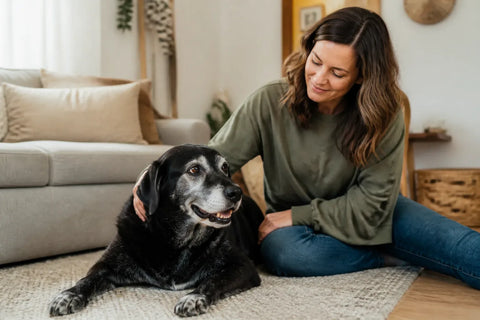 Senior dog and owner at home illustrating zesty paws calming bites for dogs