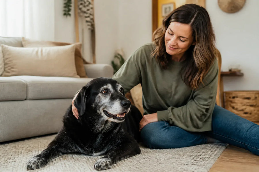 Senior dog and owner at home illustrating zesty paws calming bites for dogs