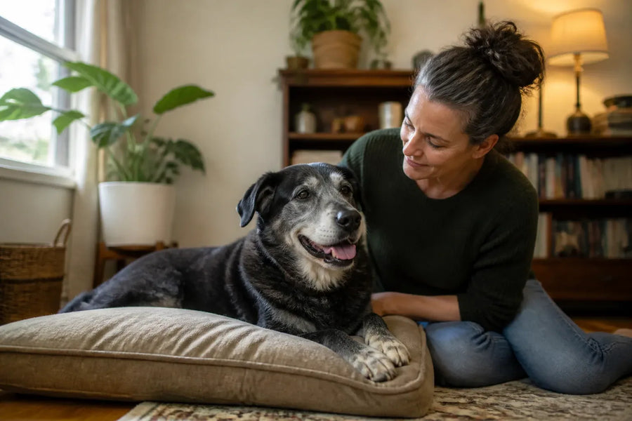 Senior dog and owner at home illustrating zesty paws calming chews for dogs