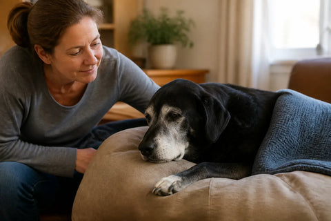 Senior dog and owner at home illustrating Does Gabapentin Cause Dementia in Dogs