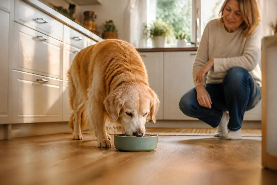 Senior dog and owner at home illustrating Dog Food for Joint Health: What to Know