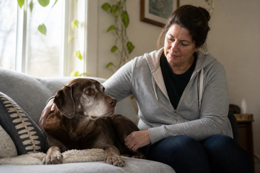 Senior dog and owner at home illustrating dog anti anxiety medication